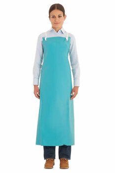 a female factory worker wearing a blue durable apron from Ansell brand